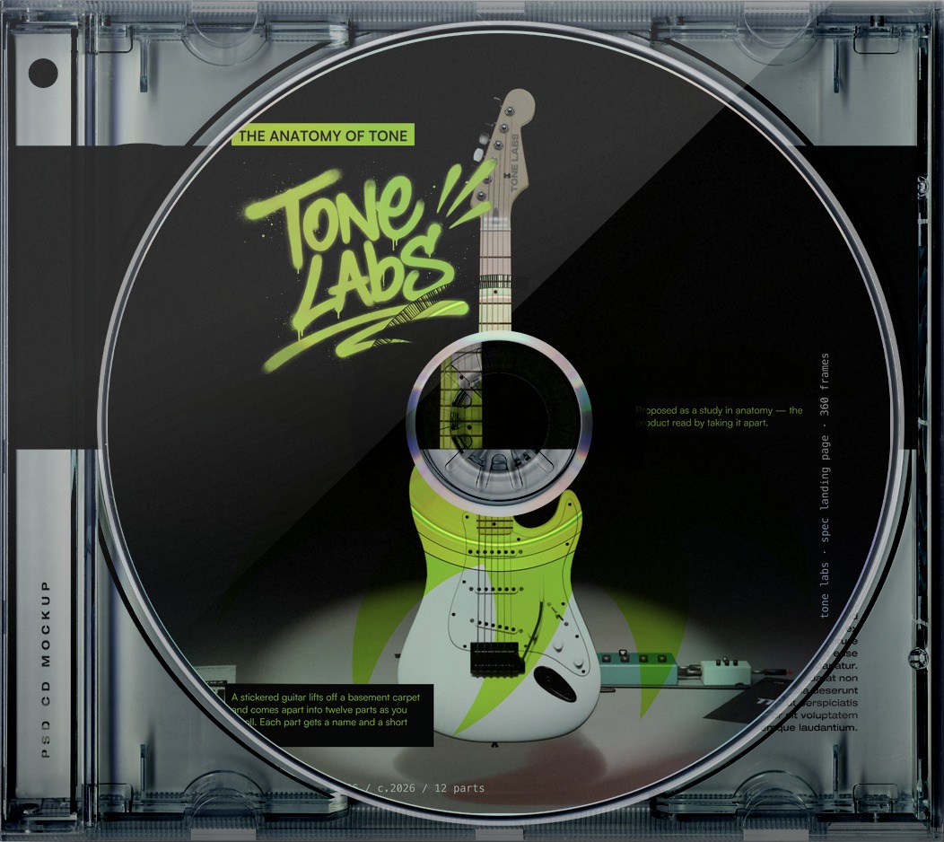 Tone Labs: a white guitar standing in a spotlight